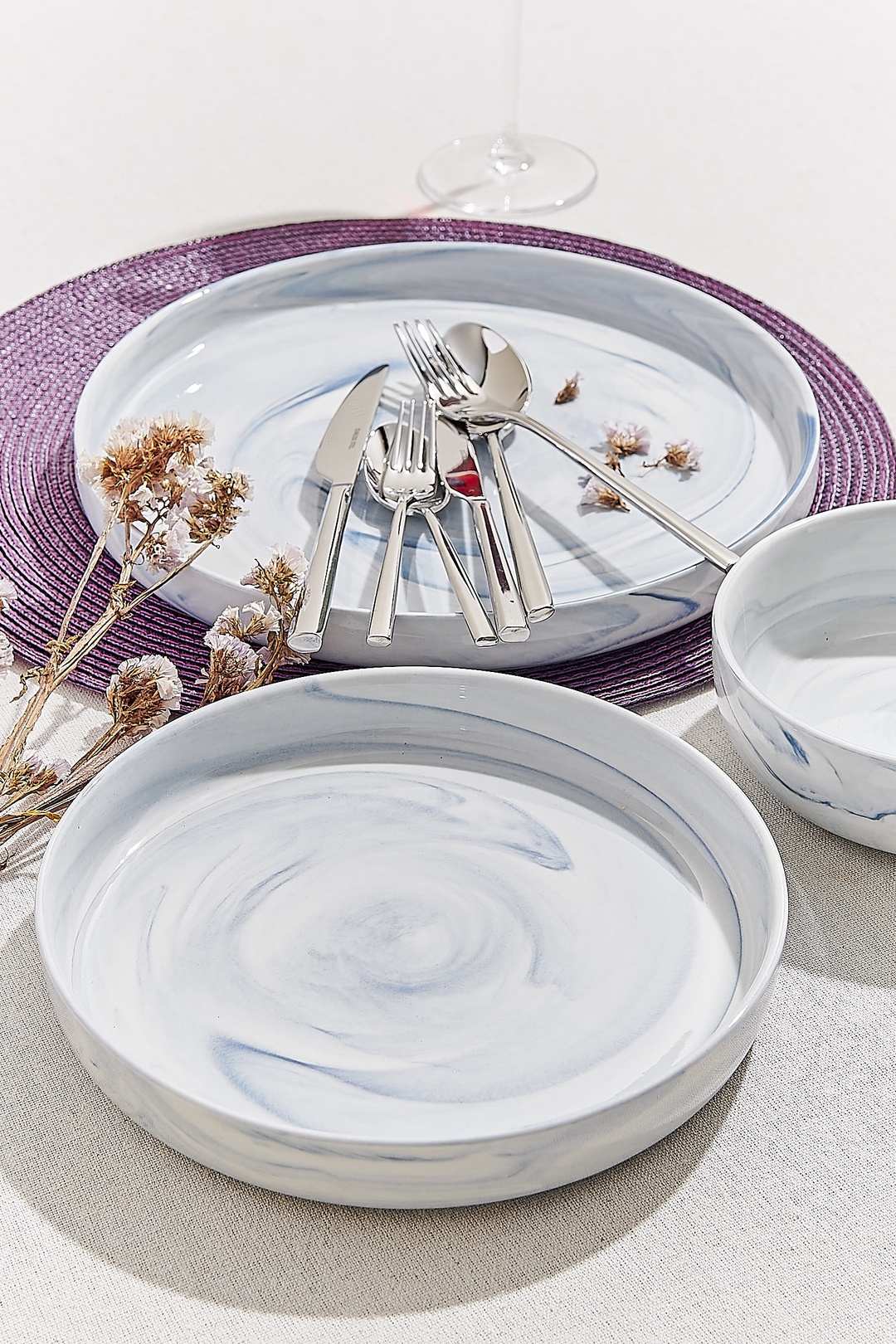 Marble Porselen Pasta Tabağı Mavi