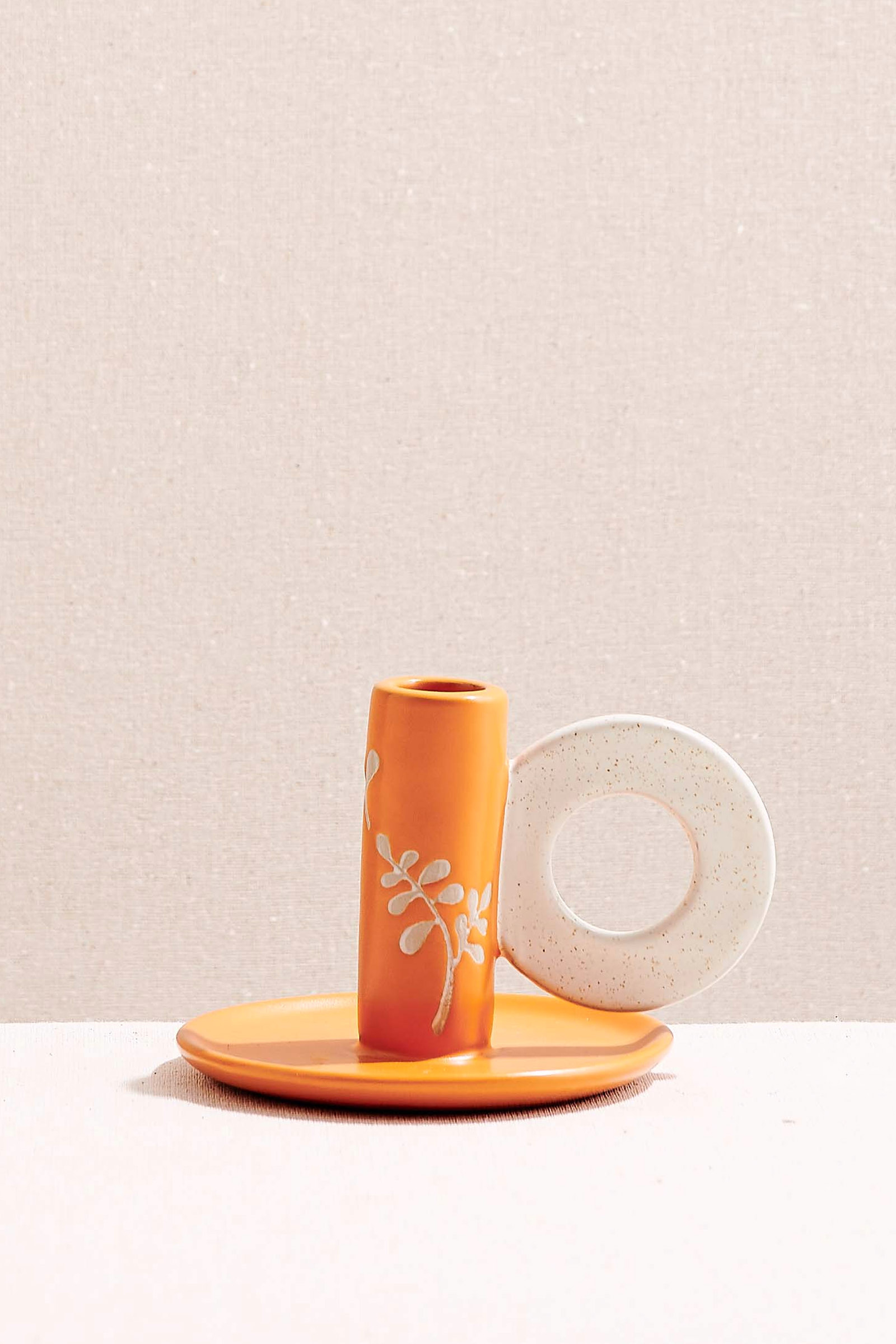 Leaf Ceramic Candlestick Candle Holder Orange Beige