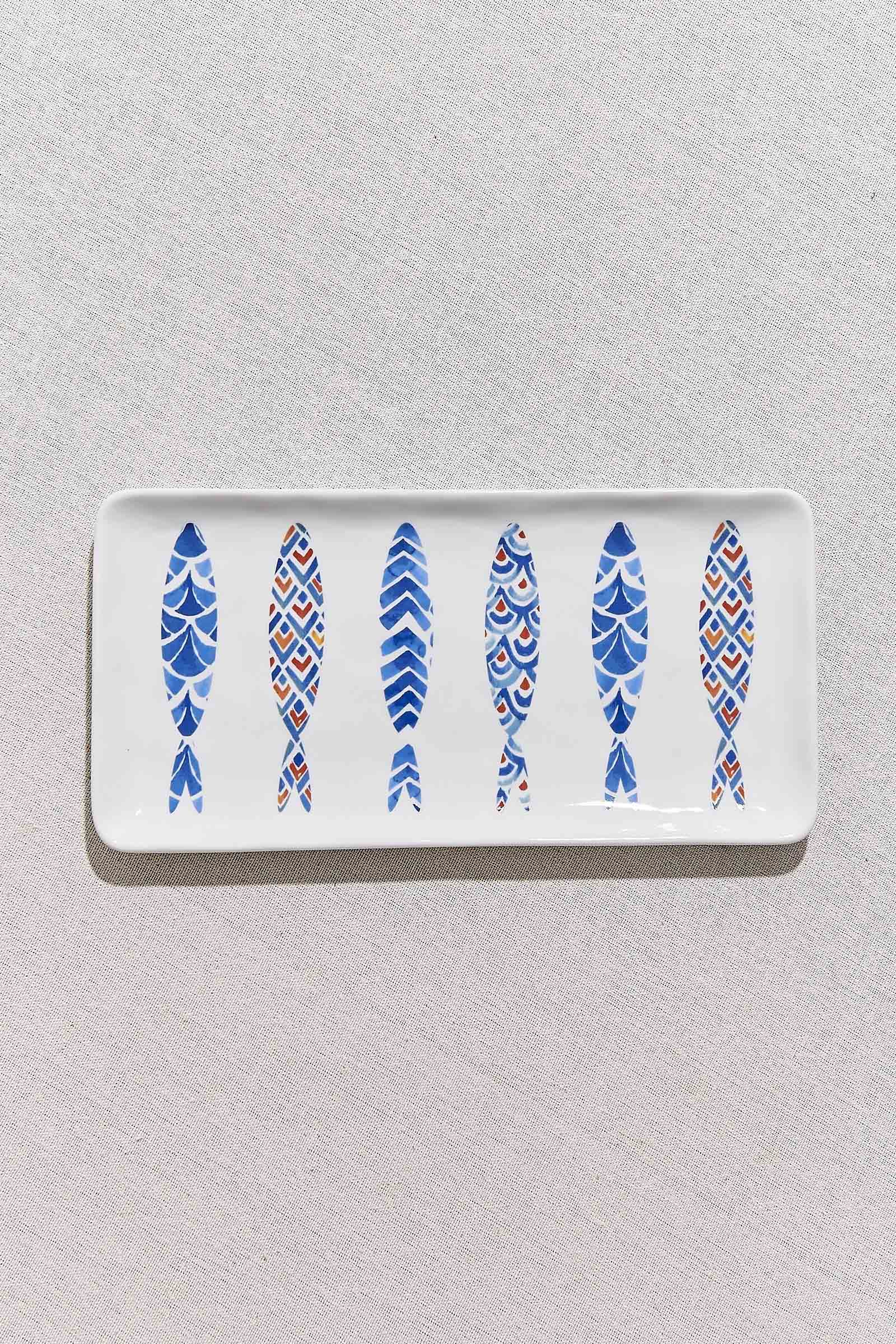 Blue and White Fish Porcelain Rectangular Serving Plate