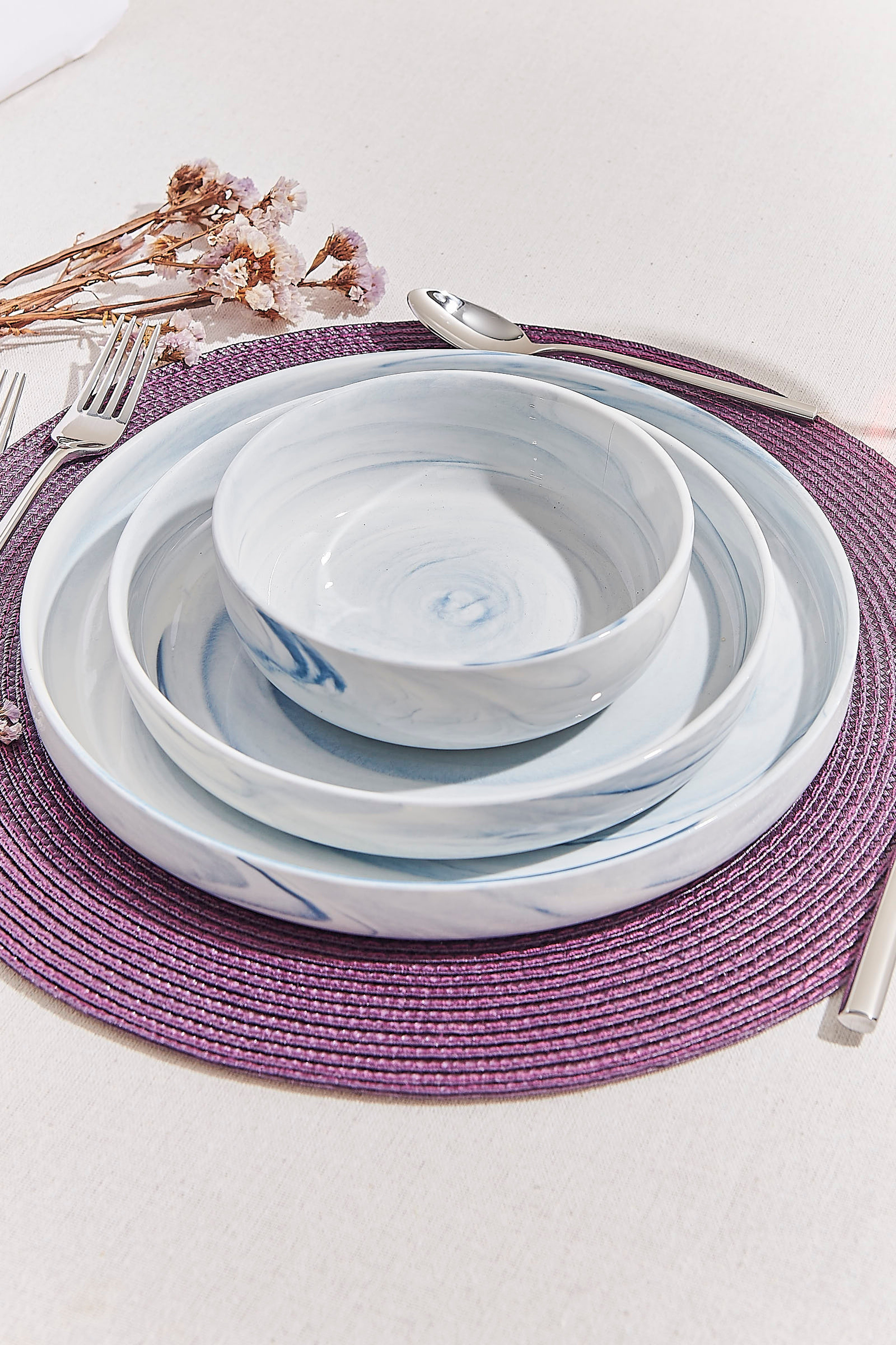 Marble Porselen Yemek Tabağı Mavi