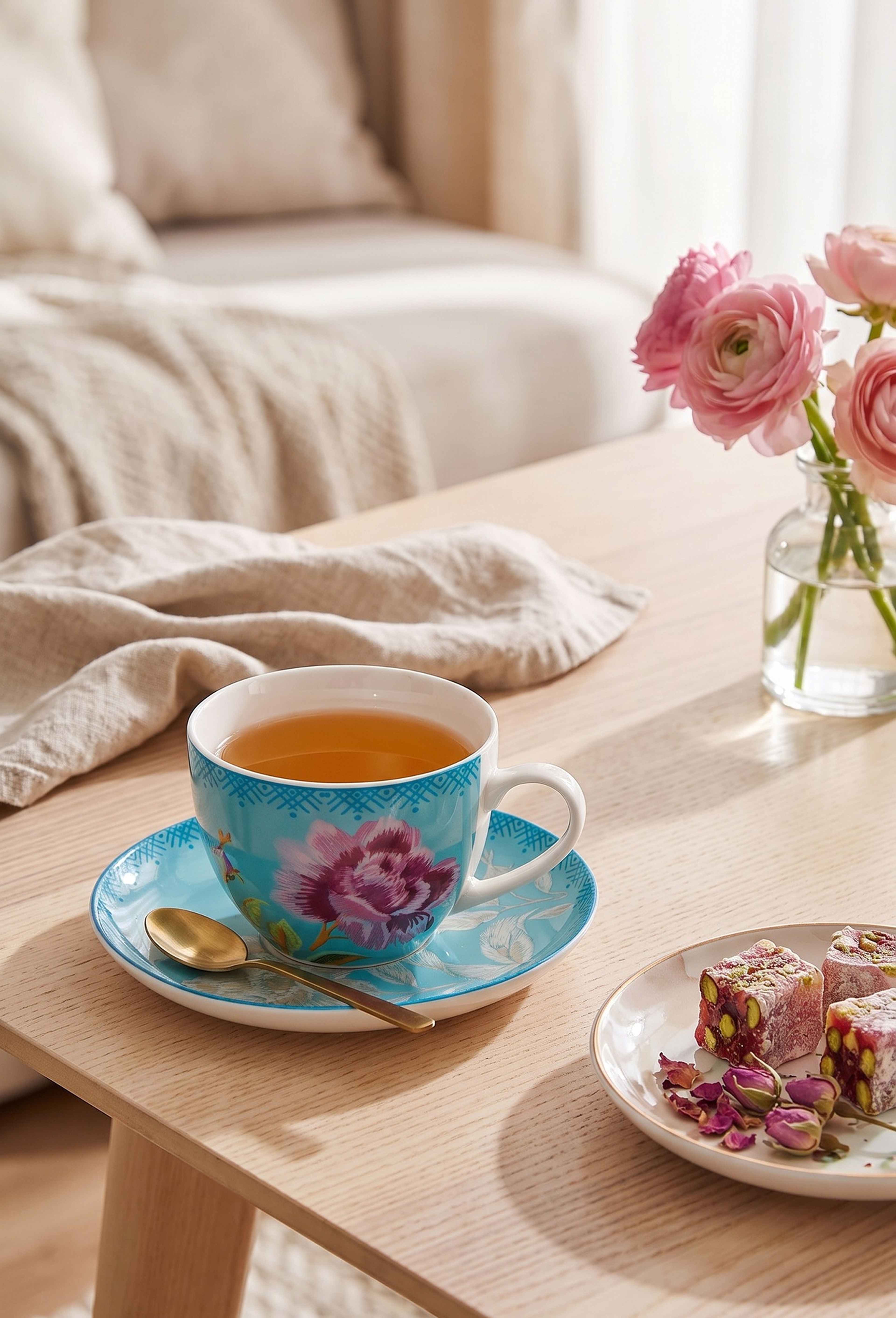 Şakayık Porselen Çay Fincanı Turkuaz